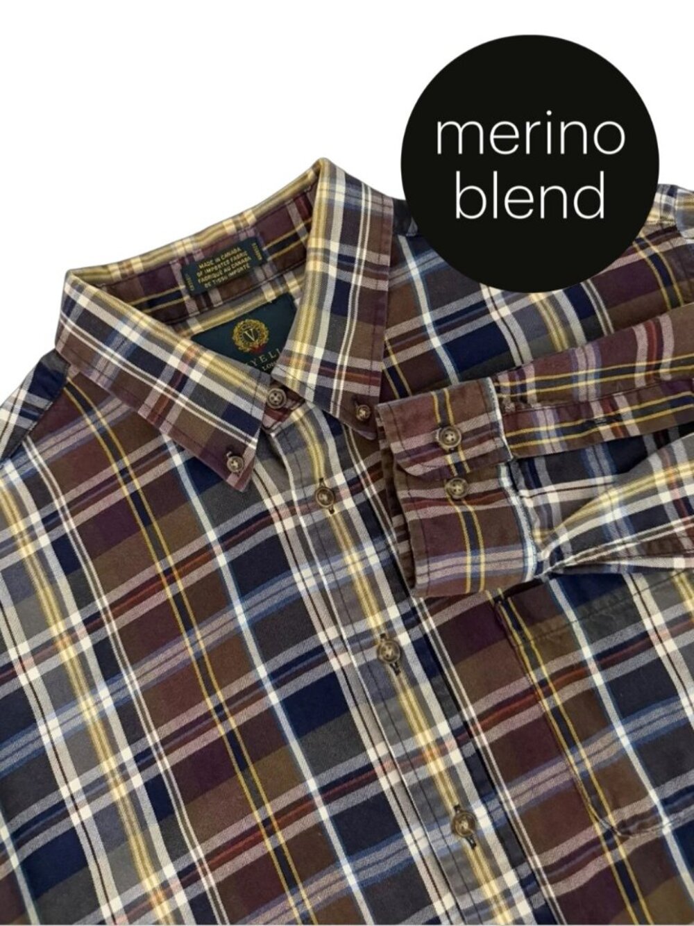 VIYELLA Brown Blue Plaid Cotton Merino Wool Blend Shirt Made in Canada size XL